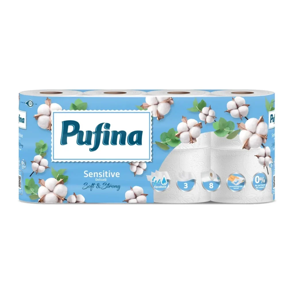 Hârtie igienică Pufina Sensitive, 3 straturi, 8 role