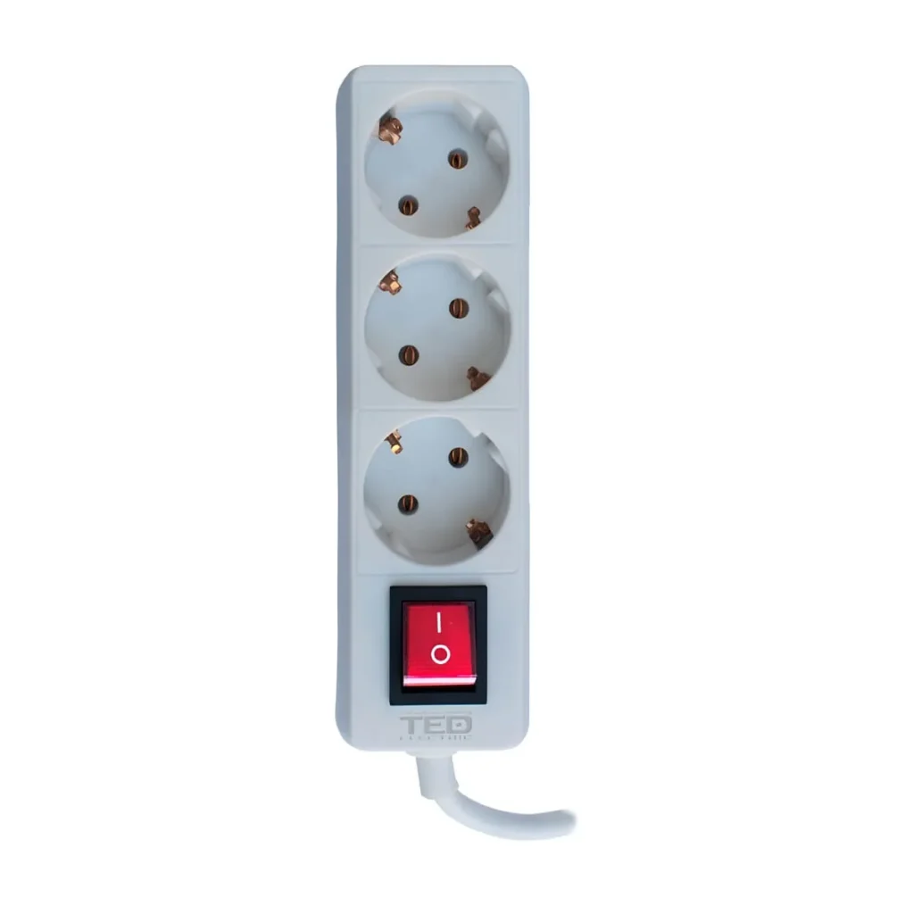 Prelungitor TED, 3 m, 3 prize Schuko, cablu 3×1,5 mm, alb, cu întrerupător