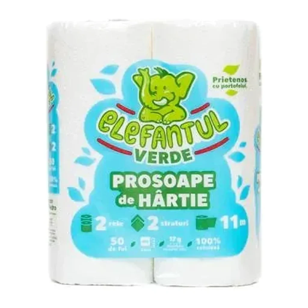 Prosoape de hârtie Elefantul Verde Alb 2 straturi, 2 role
