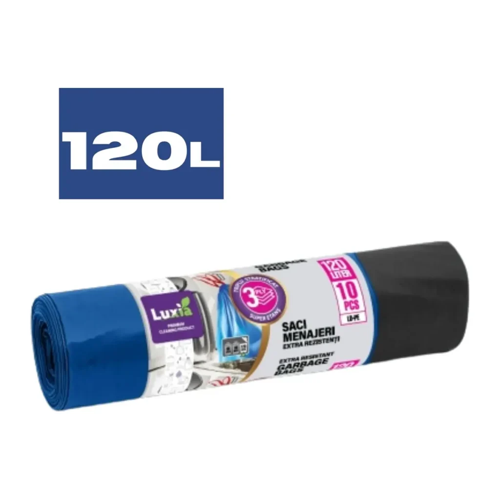 Saci menajeri Luxia triplu strat, albastru, cu șnur, LDPE, 120 L, 10 buc/rolă