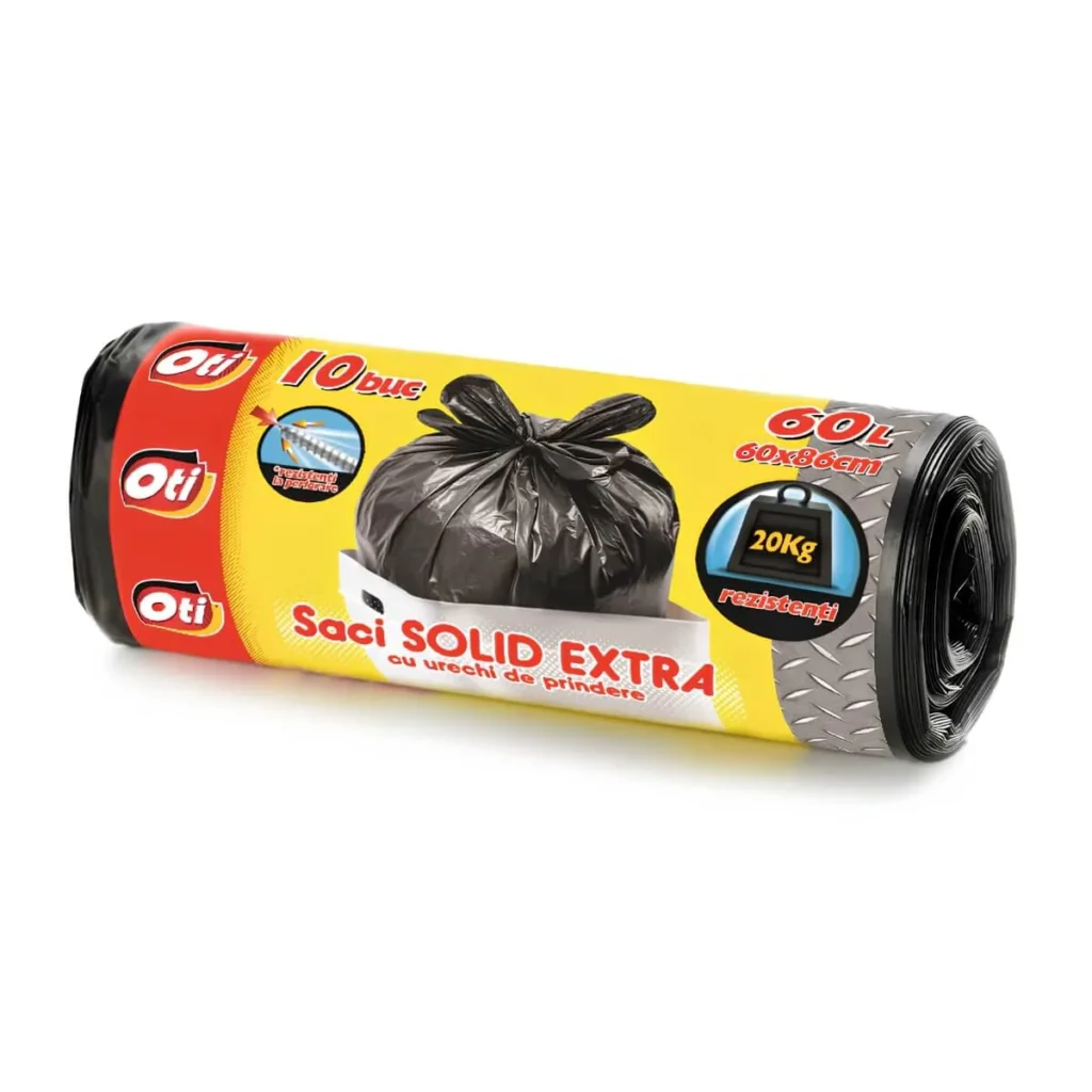 Saci menajeri Solid Extra cu Urechi de Prindere Oti Negru, 60 L, 10 buc