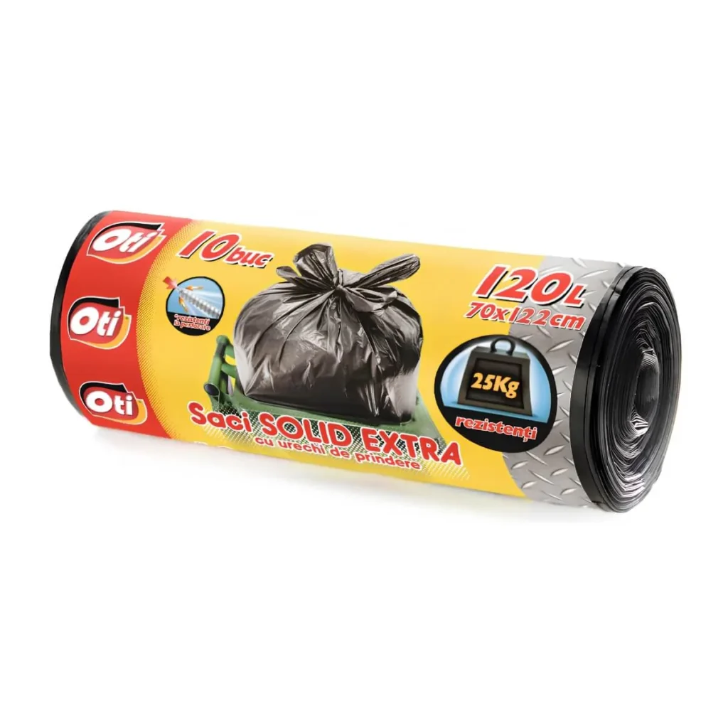 Saci menajeri Solid Extra Oti Negru cu Urechi de Prindere, 120 L, 10 buc
