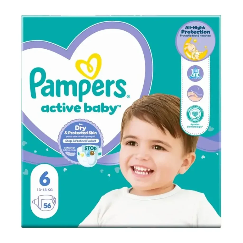 Scutece Pampers Active Baby, mărimea 6, 13–18 kg, 56 buc
